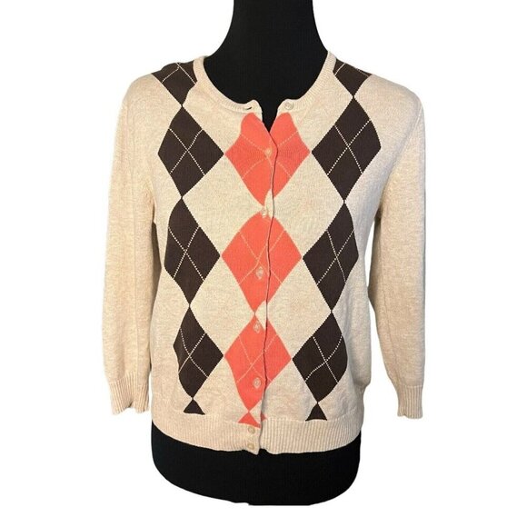 Willi Smith Tan Orange Brown Argyle Cardigan Sweater Size Medium‎ - Picture 1 of 4